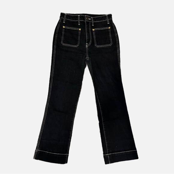 Khaite Raquel High Rise Patch Pocket Flare Cropped Jeans - Black w/ White Stitch - Picture 2 of 7